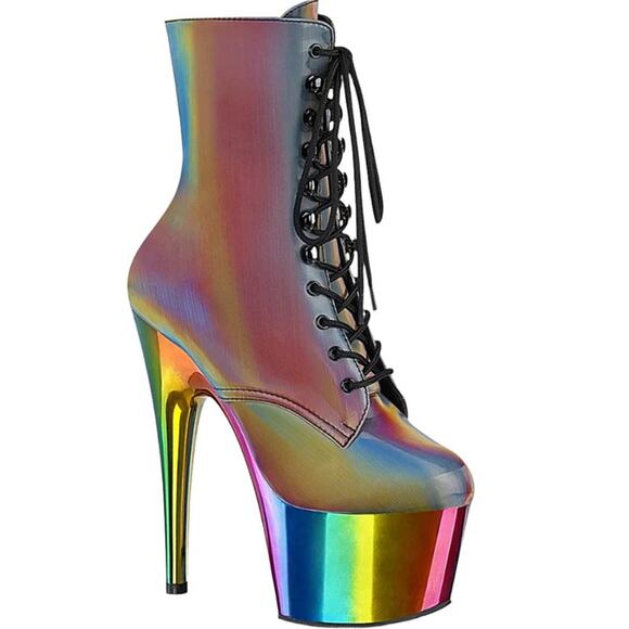 PLEASER Adore Chromatic Reflective Rainbow Platform Stiletto Heels Lace-Up Boots - Picture 1 of 15